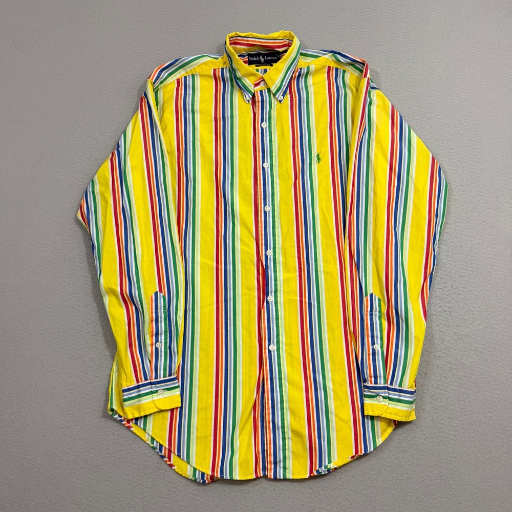 Vintage Polo Ralph Lauren Button Shirt Large Yellow Multi Stripe Classic Fit